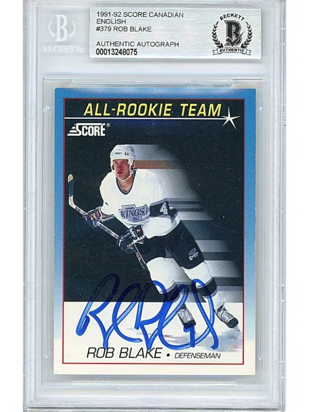 Rob Blake Signed LA Kings 1991-1992 Score Hockey Card Beckett BAS Slab Autograph